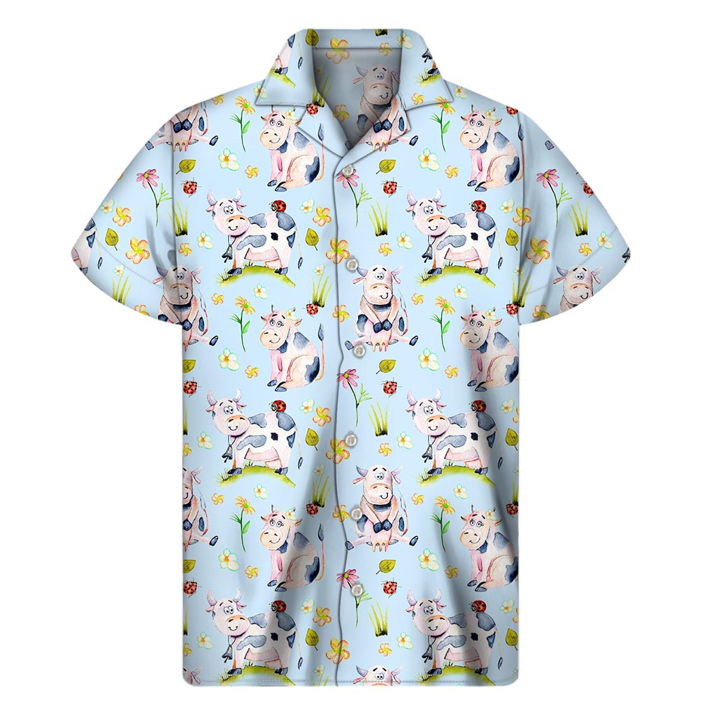 Tropical Paradise: Men&#39;s Watercolor Cartoon Cow Hawaiian Short Sleeve Shirt - 1