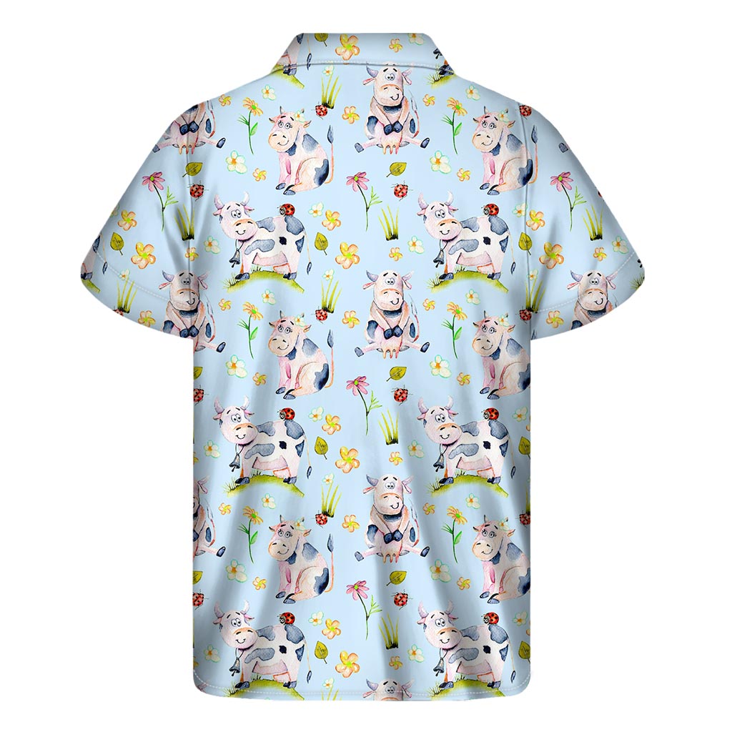 Tropical Paradise: Men&#39;s Watercolor Cartoon Cow Hawaiian Short Sleeve Shirt - 2