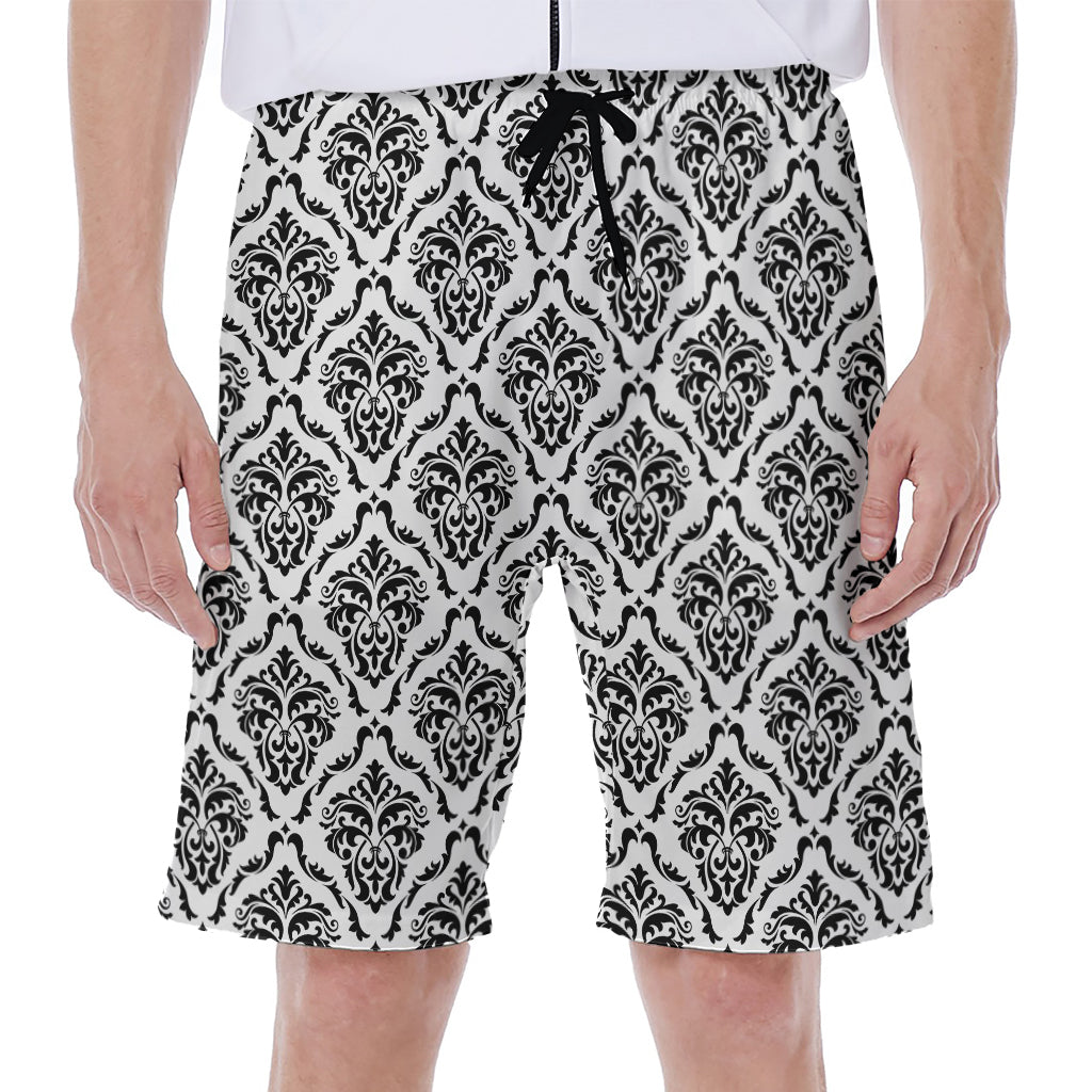 Black and White Damask Hawaiian Style Men's Beach Shorts - 1