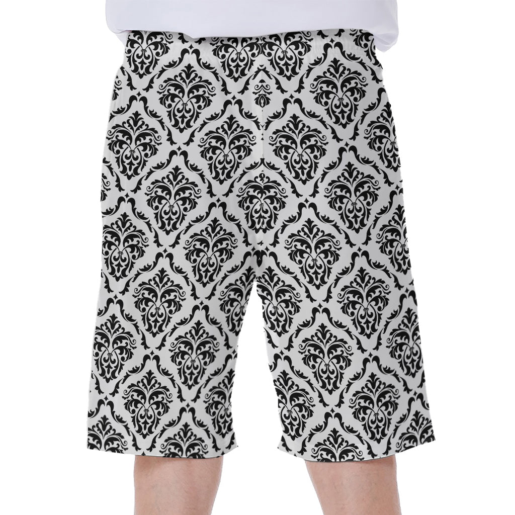 Black and White Damask Hawaiian Style Men's Beach Shorts - 1