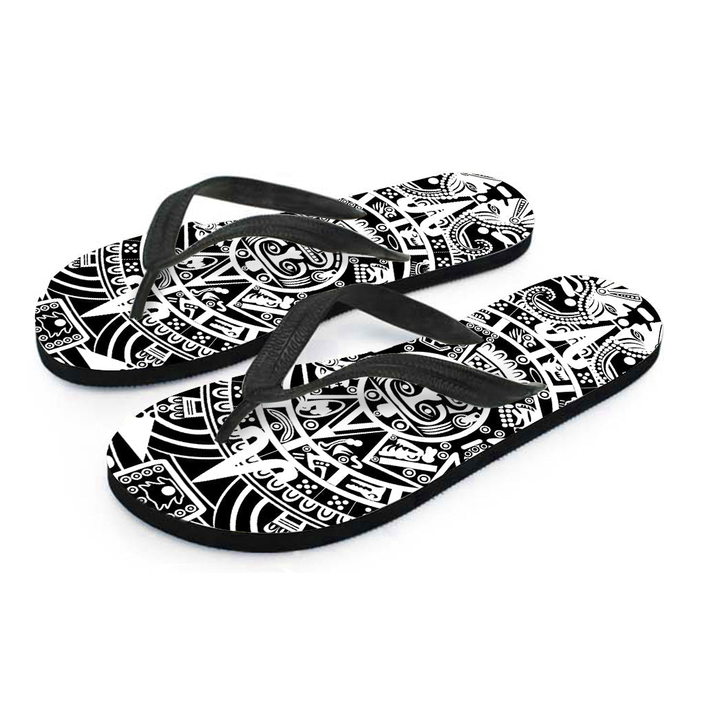 Maya Calendar Print Hawaiian Outfit: Step out in Style with These White and Black Flip Flops - 2