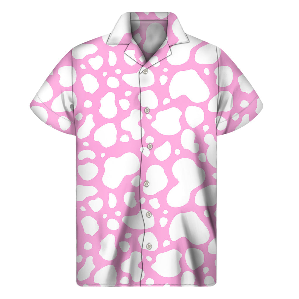 Trendy Hawaiian Cow Print Men&#39;s Short Sleeve Shirt in White and Pink - 1