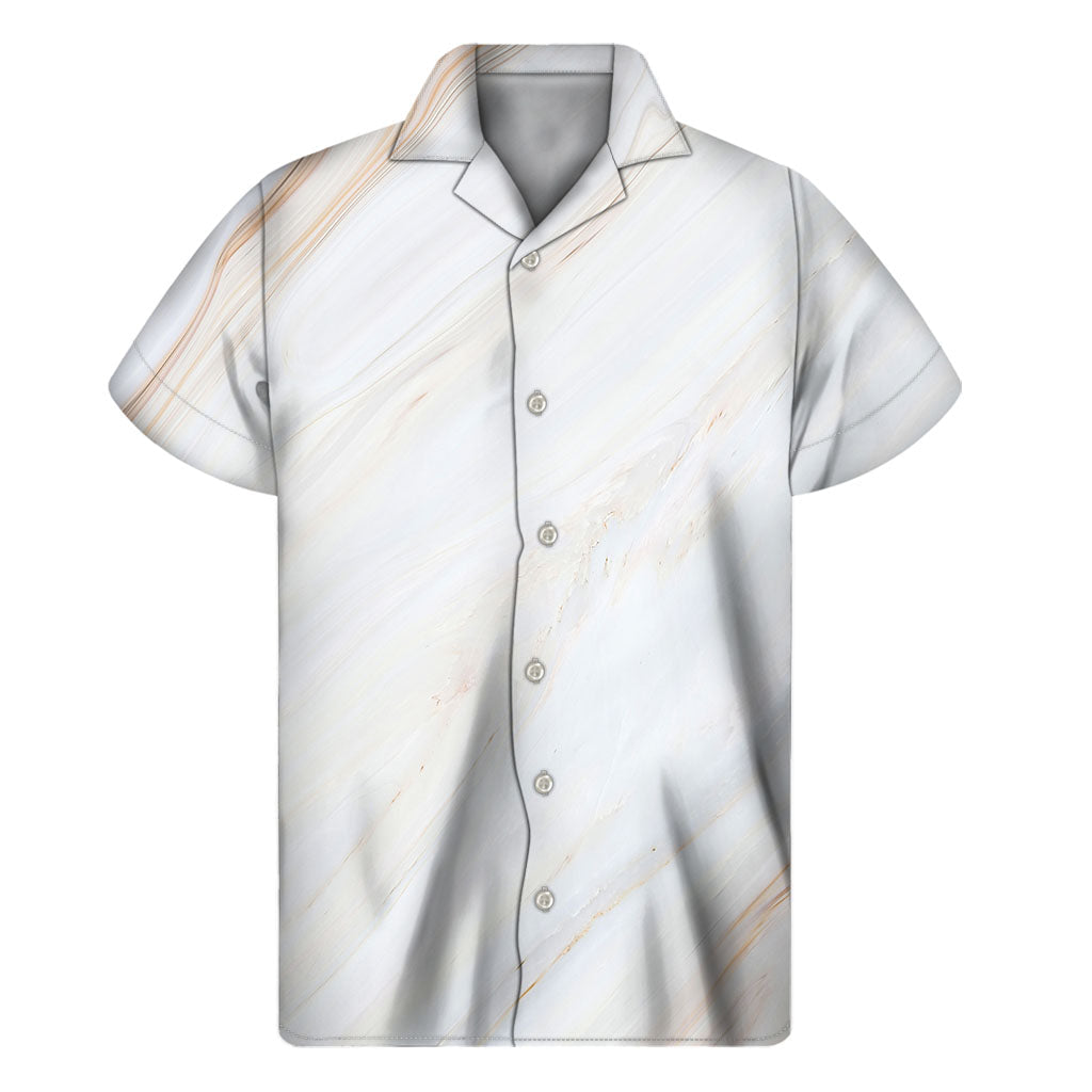 White &amp; Brown Smooth Marble Print Hawaiian Style Short Sleeve Shirt - 1