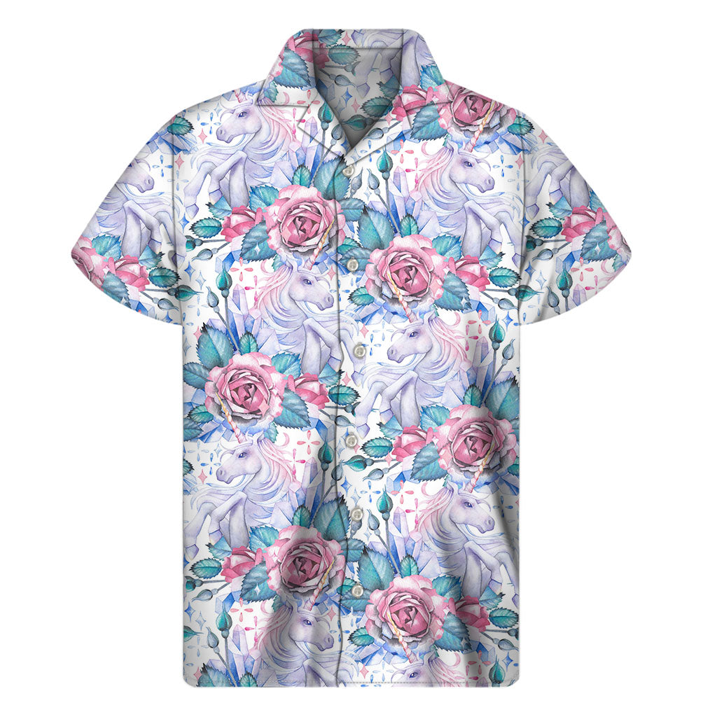 Tropical Paradise: Men's White Fairy Rose Unicorn Hawaiian Short Sleeve Shirt - 1