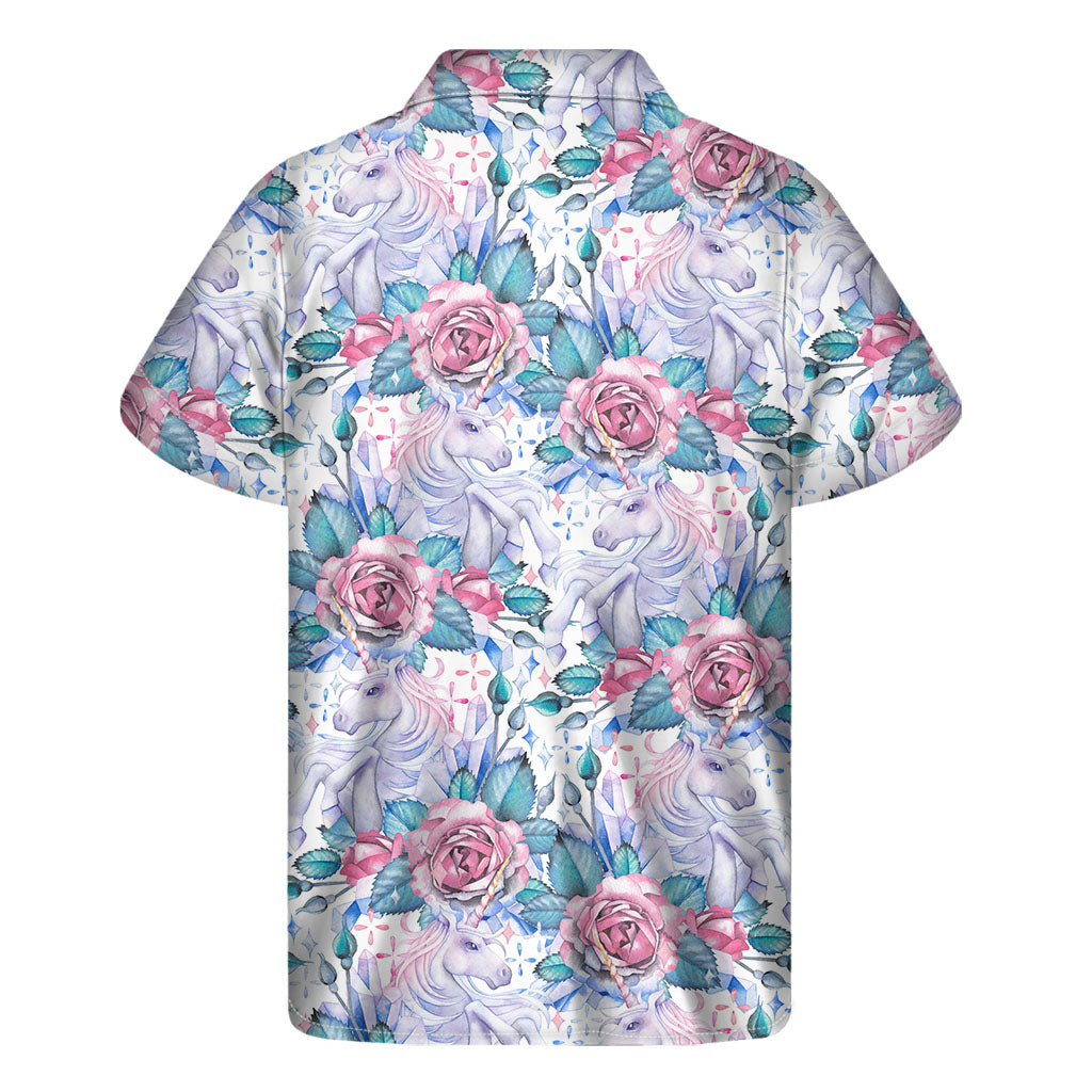 Tropical Paradise: Men's White Fairy Rose Unicorn Hawaiian Short Sleeve Shirt - 1