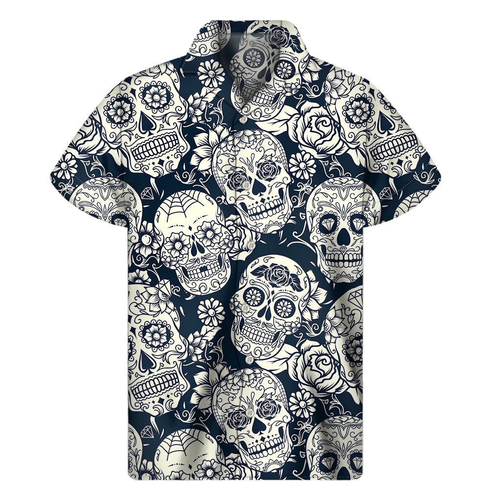 White Floral Sugar Skull Hawaiian Short Sleeve Shirt - 1