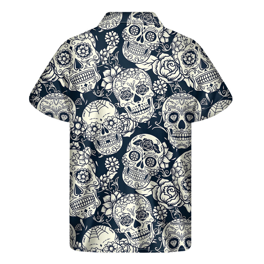 White Floral Sugar Skull Hawaiian Short Sleeve Shirt - 2