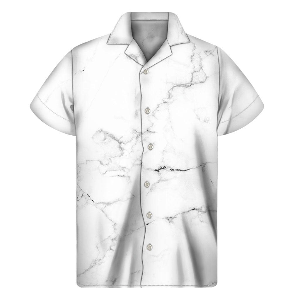 Island Vibes: Men&#39;s Hawaiian Short Sleeve Shirt in White Grunge Marble Print - 1