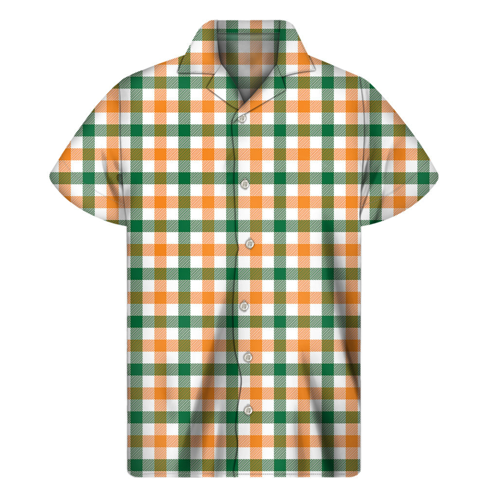 Tropical Vibes: Hawaiian Plaid Print Short Sleeve Shirt in White, Orange, and Green - 1