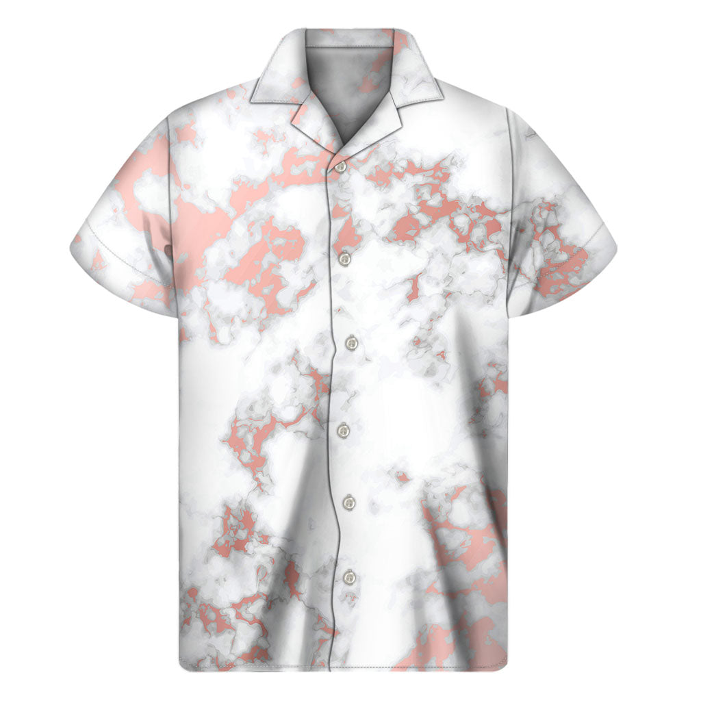 Kahului Paradise: Men&#39;s Hawaiian Short Sleeve Shirt in White Rose Gold Marble Print - 1