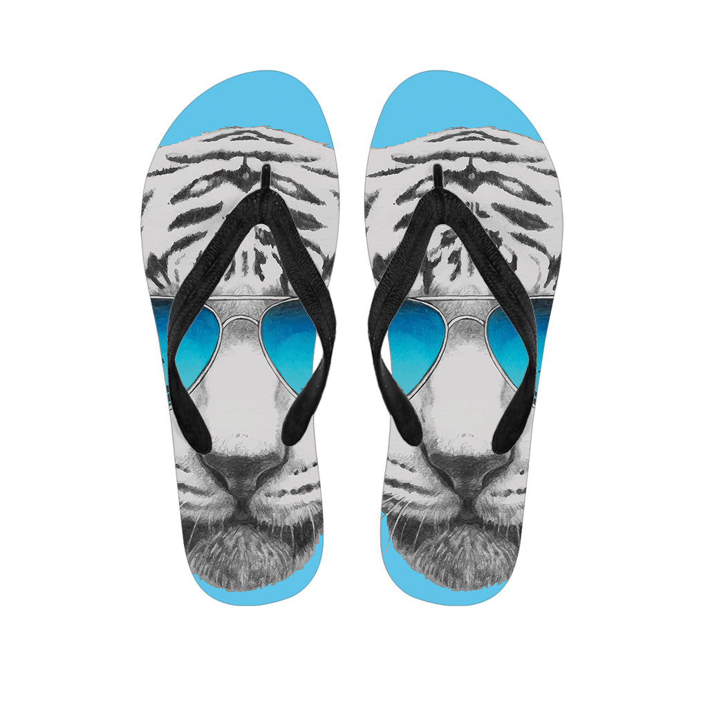 Island Cool: White Tiger with Sunglasses Hawaiian Flip Flops - 1