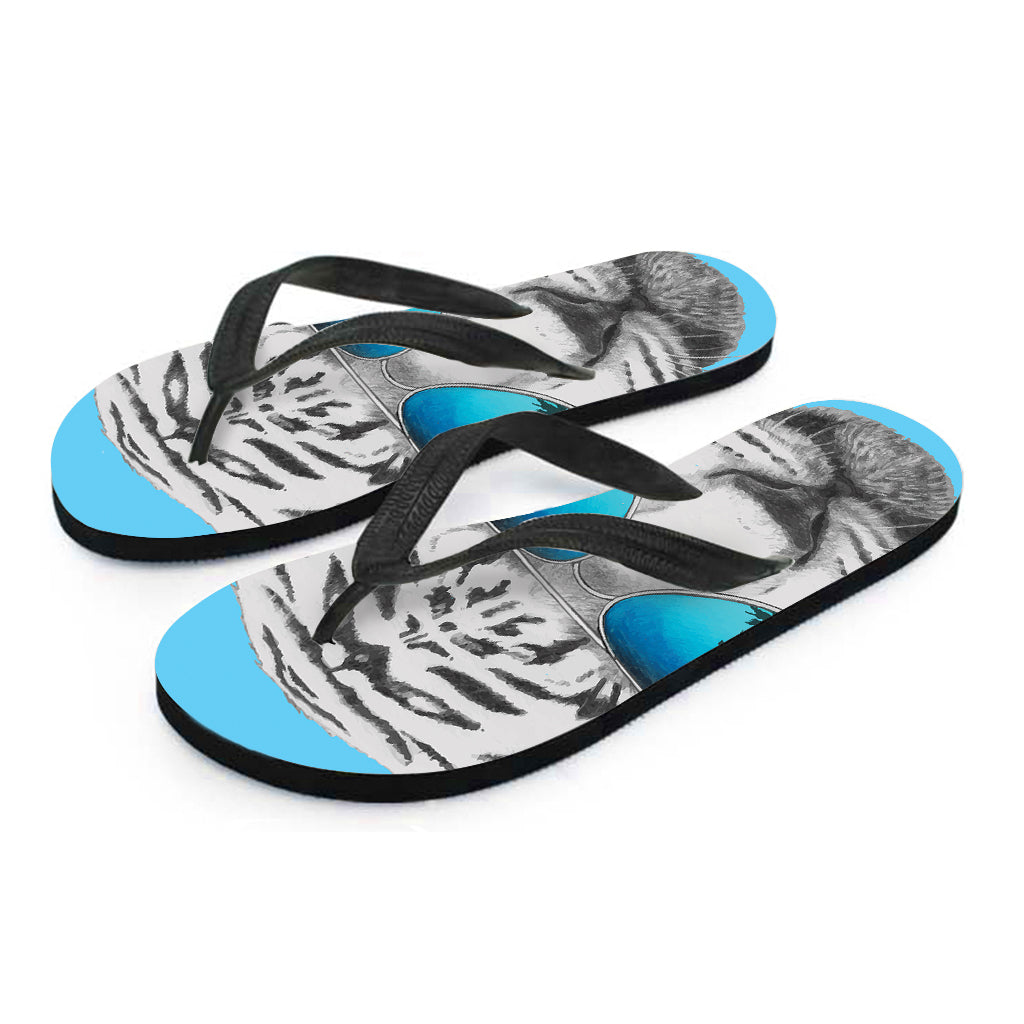 Island Cool: White Tiger with Sunglasses Hawaiian Flip Flops - 2