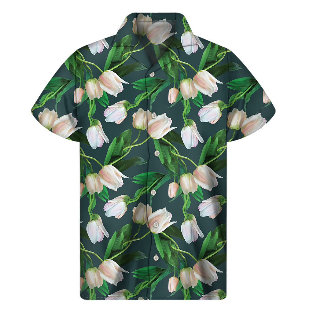 Tropical Paradise: White Tulip Pattern Hawaiian Short Sleeve Shirt - 1