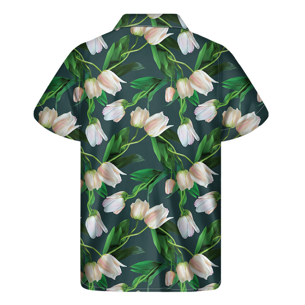 Tropical Paradise: White Tulip Pattern Hawaiian Short Sleeve Shirt - 2