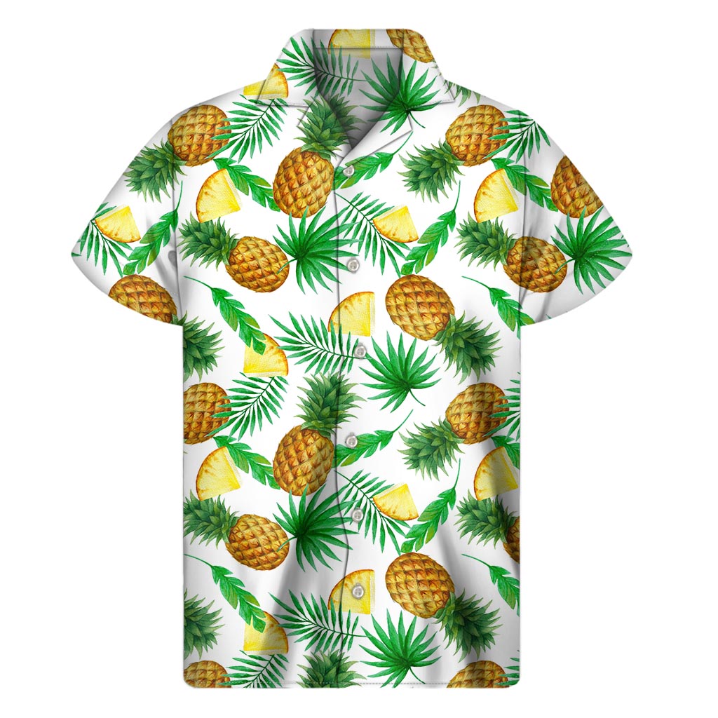 White Watercolor Pineapple Pattern Hawaiian Short Sleeve Shirt - 1