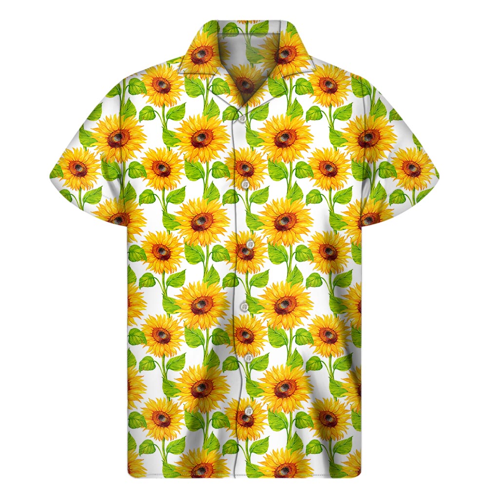 Sun-Kissed Hawaii: White Watercolor Sunflower Pattern Short Sleeve Hawaiian Shirt - 1