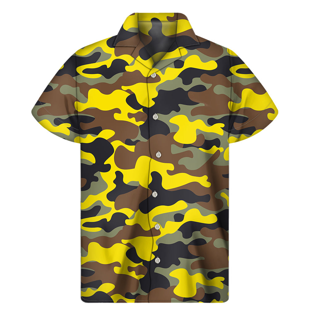 Sunset Camo: Hawaiian Style Short Sleeve Shirt in Yellow, Brown, and Black - 1