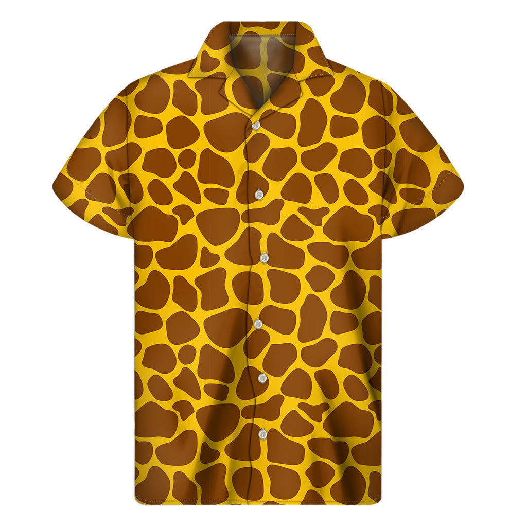 Sunshine Stroll: Yellow Brown Giraffe Pattern Hawaiian Short Sleeve Shirt - 1