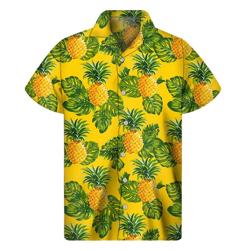 Sunny Vibes: Men's Hawaiian Pineapple Print Short Sleeve Shirt - 1